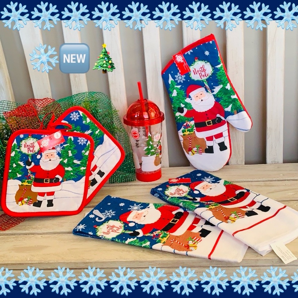 Christmas Design Dish Towels, Pot Holder Lighted Cup & Hand Mitt NEW